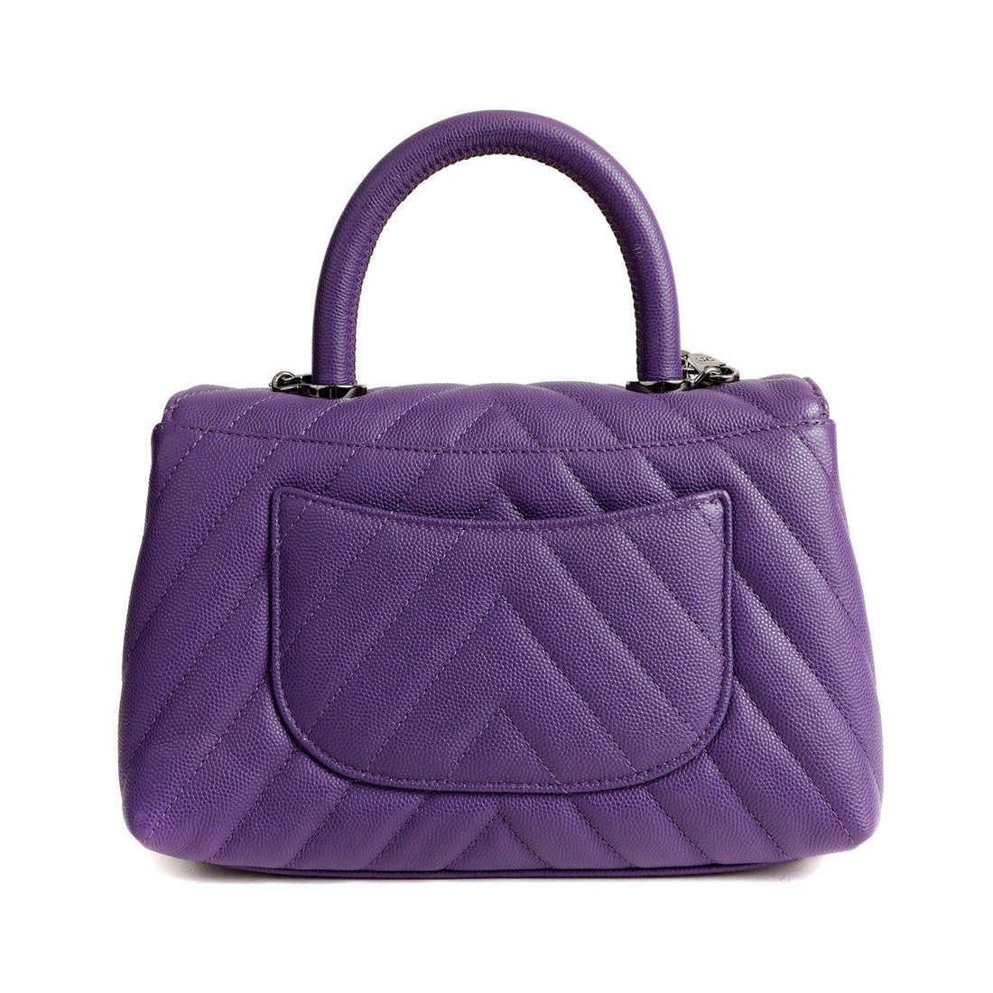 Chanel Chevron Caviar Royal Purple Mini Coco Handle Flap Bag  w/ Silver Hardware