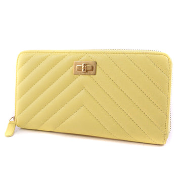 CHANEL Long Wallet Purse leather yellow 23rd generation Vstitch Zip Around Women Used