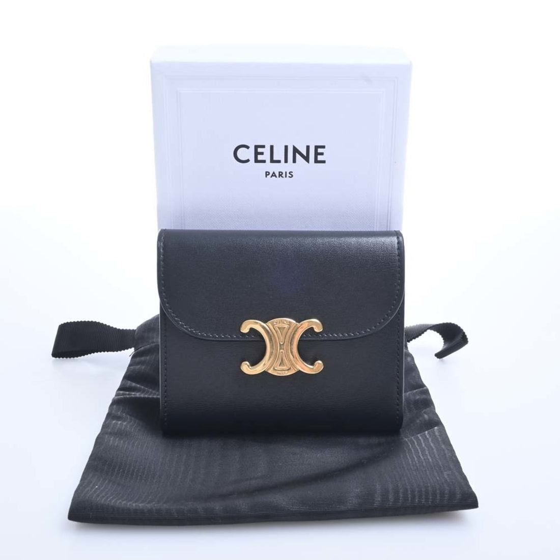 Celine Leather Triomphe Trifold Wallet Black Ladies