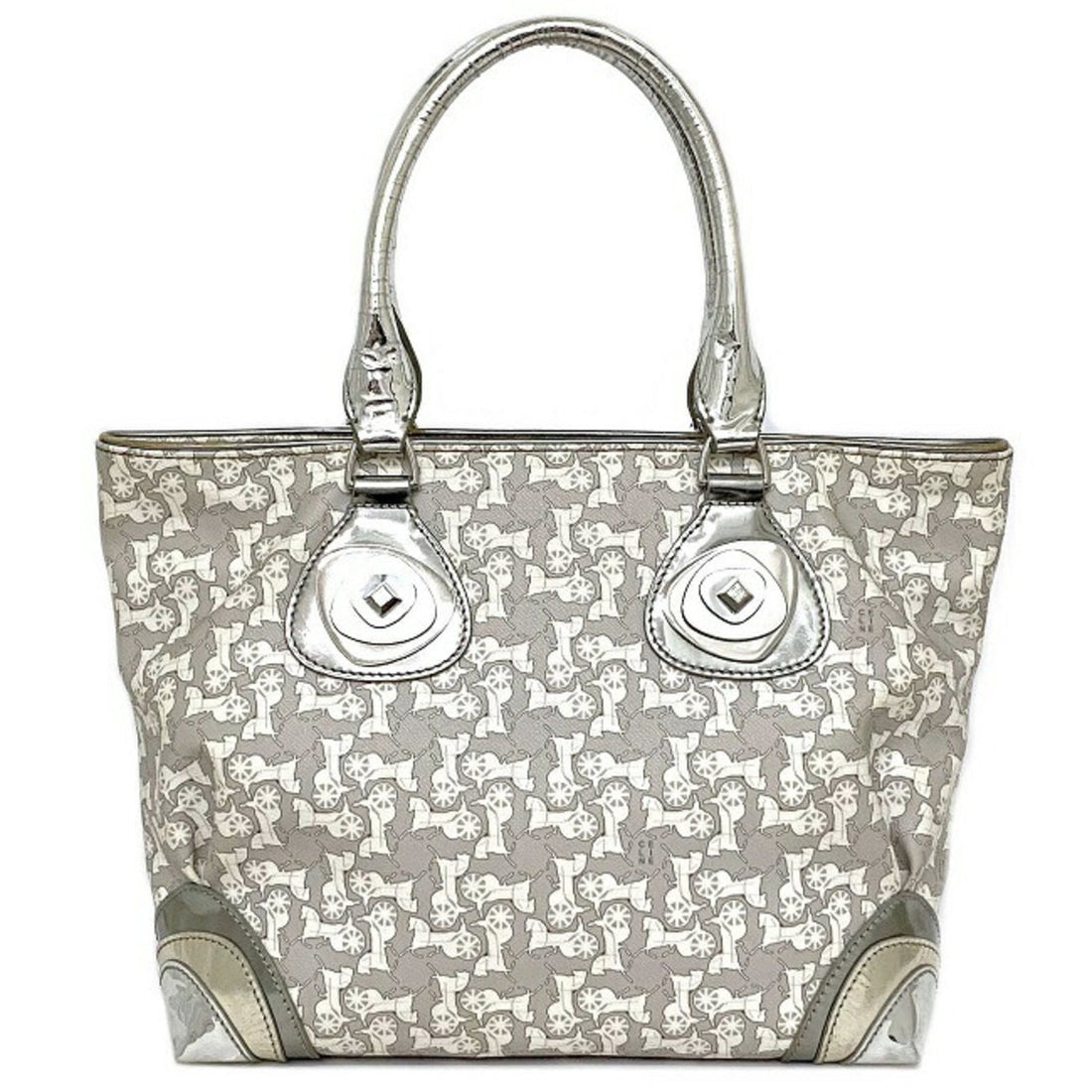Celine Tote Bag Gray Silver White Salky PVC Leather Celine Carriage Horse Women's Metallic