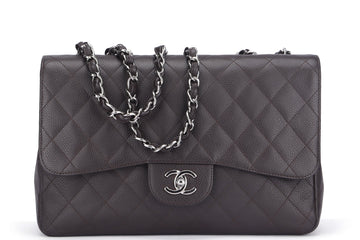 Chanel Classic 2.55 Jumbo Single Flap (1301xxxx) Brown Caviar Silver Chain, width 30cm with , no Dust Cover