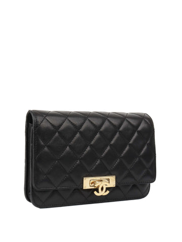 Chanel Black Buckled Lambskin Wallet on Chain.