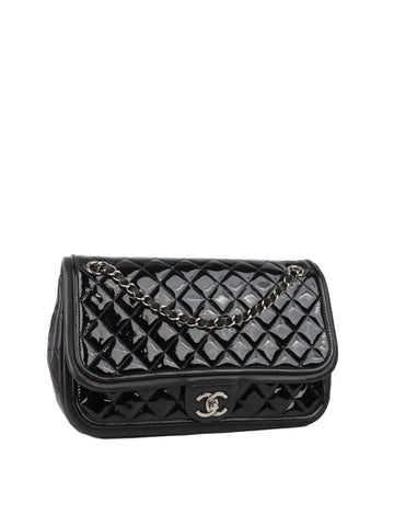 Chanel Black Patent Quilted Flap Bag SHW.
