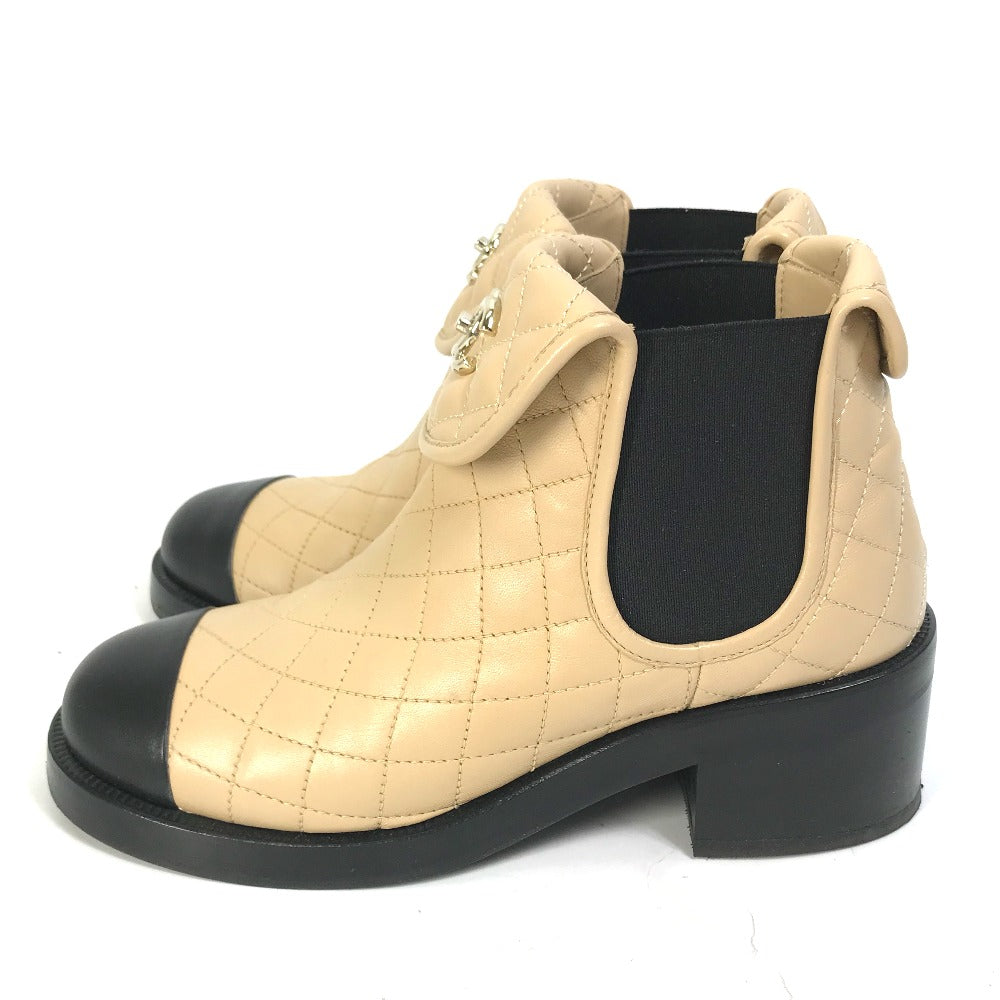 CHANEL boots G45144 lambskin beige 23B Bicolor Shoes Turnlock Matelasse Quilted Side Gore Women 38 Used