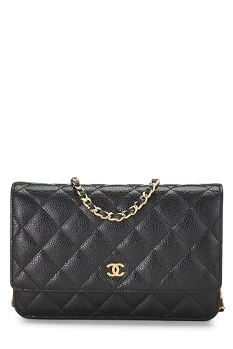 Chanel,  Black Caviar Classic Quilted Wallet On Chain (WOC), Black