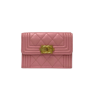 CHANEL Tri-fold wallet lambskin pink Boy chanel