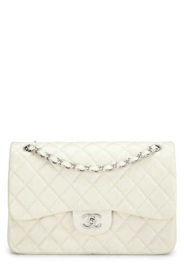 Chanel,  White Quilted Caviar New Classic Double Flap Jumbo, White