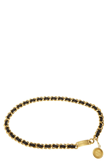Chanel,  Gold & Black Leather 'CC' Medallion Chain Belt, Black