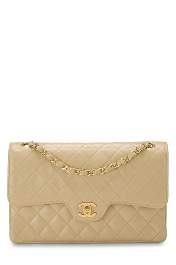 Chanel,  Beige Quilted Lambskin Curved Double Flap Medium, Beige