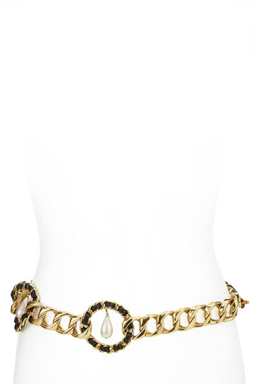 Chanel,  Gold & Black Rope Circle Faux Pearl Chain Belt, Black