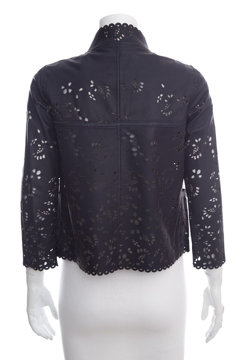 Chanel Navy Lazer Cut Leather Jacket SZ 34