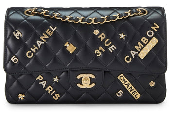 Chanel,  Black Lambskin Lucky Charm Double Flap Medium, Black