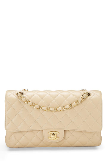 Chanel,  Beige Quilted Caviar Classic Double Flap Medium, Beige