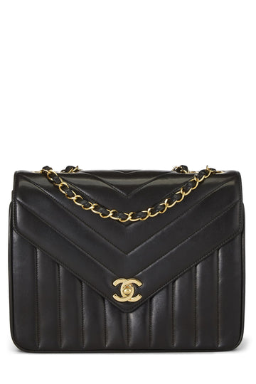 Chanel,  Black Chevron Lambskin Envelope Flap Small, Black