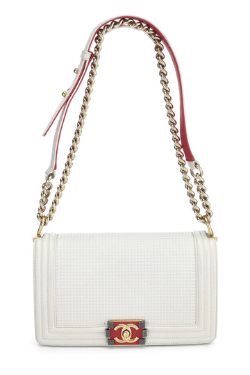 Chanel,  White Cube Embossed Calfskin Boy Bag Medium, White