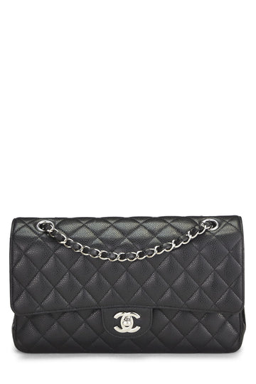 Chanel,  Black Quilted Caviar Classic Double Flap Medium, Black
