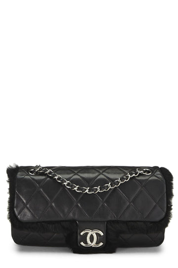 Chanel,  Black Quilted Lambskin Shearling Half Flap Medium, Black