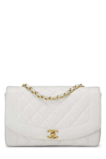 Chanel,  White Quilted Caviar Diana Flap Medium, White
