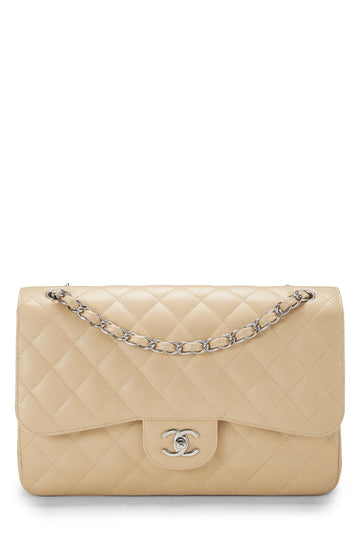 Chanel,  Beige Quilted Caviar New Classic Double Flap Jumbo, Beige