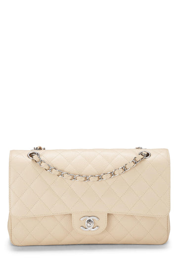 Chanel,  Beige Quilted Caviar Classic Double Flap Medium, Beige