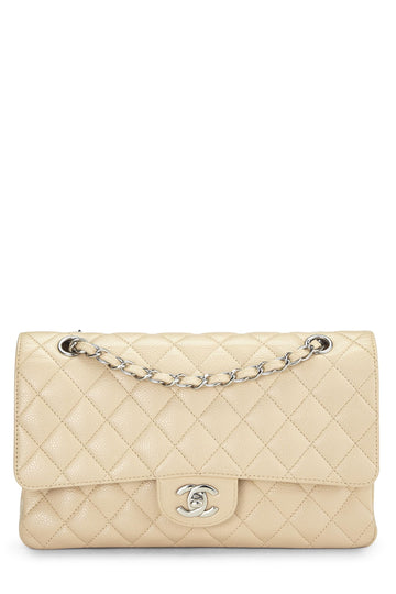 Chanel,  Beige Quilted Caviar Classic Double Flap Medium, Beige