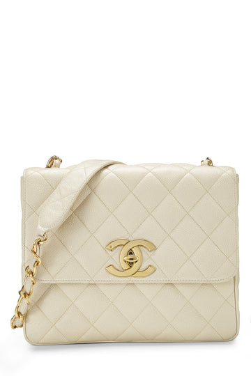 Chanel,  White Quilted Caviar Big 'CC' Square Flap, White