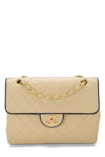 Chanel,  Beige Quilted Lambskin Piped Half Flap Small, Beige