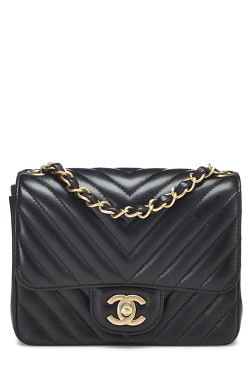 Chanel,  Black Chevron Lambskin Square Flap Mini, Black