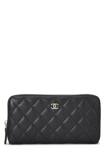 Chanel,  Black Quilted Caviar Zip Around Wallet, Black