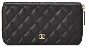 Chanel,  Black Quilted Lambskin Classic Zip Wallet, Black