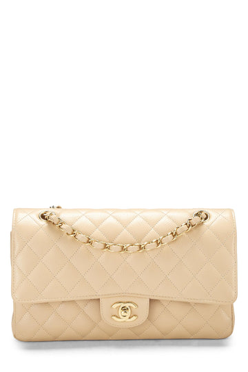 Chanel,  Beige Quilted Caviar Classic Double Flap Medium, Beige