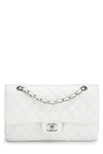 Chanel,  White Quilted Caviar Classic Double Flap Medium, White