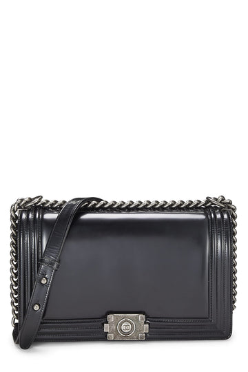 Chanel,  Black Calfskin Reverso Boy Bag Large, Black
