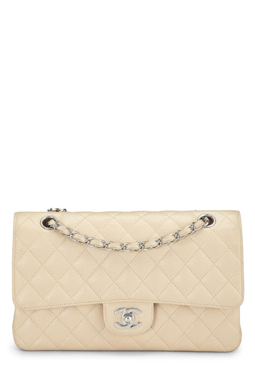 Chanel,  Beige Quilted Caviar Classic Double Flap Medium, Beige