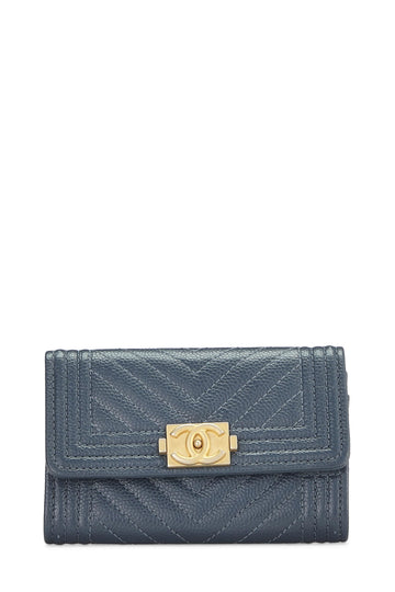 Chanel,  Blue Caviar Chevron Boy Coin Purse, Blue