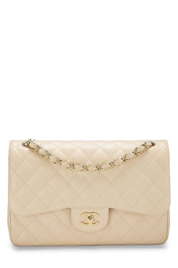 Chanel,  Beige Quilted Caviar New Classic Double Flap Jumbo, Beige