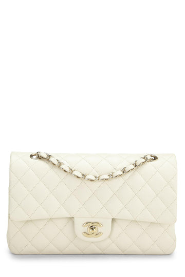 Chanel,  White Quilted Caviar Classic Double Flap Medium, White