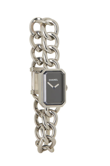 Chanel,  Black & Silver Premiere Gourmette Watch, Silver