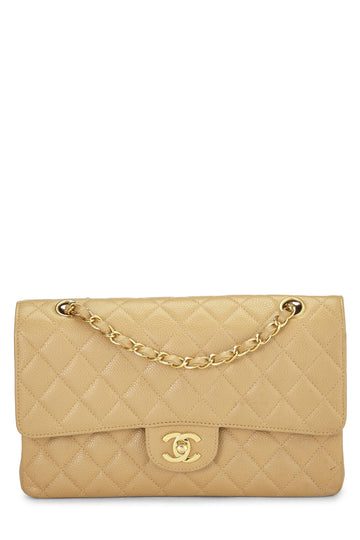 Chanel,  Beige Quilted Caviar Classic Double Flap Medium, Beige