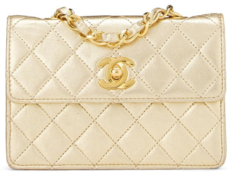 Chanel,  Metallic Gold Quilted Lambskin Half Flap Micro, Gold