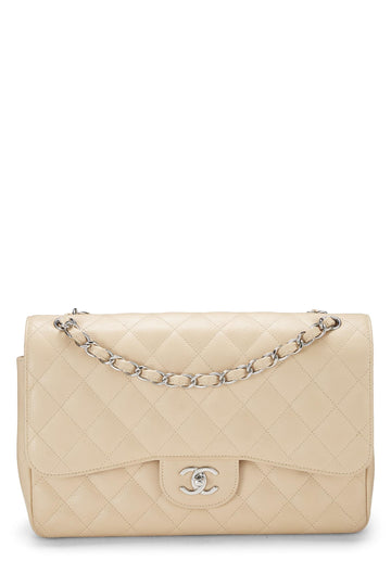 Chanel,  Beige Quilted Caviar New Classic Double Flap Jumbo, Beige