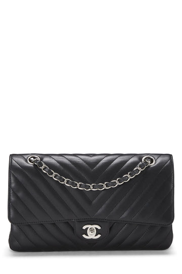 Chanel,  Black Chevron Lambskin Classic Double Flap Medium, Black