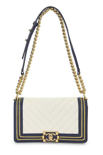 Chanel,  Navy Chevron Calfskin Border Boy Bag Medium, Navy