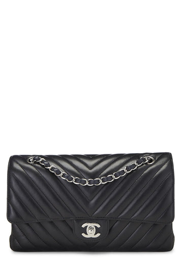 Chanel,  Black Chevron Lambskin Classic Double Flap Medium, Black