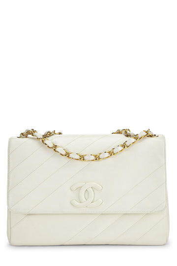 Chanel,  White Caviar Diagonal Flap Jumbo, White