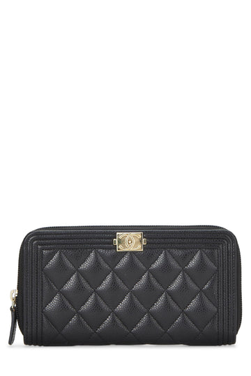 Chanel,  Black Quilted Caviar Boy Zip Around Wallet, Black