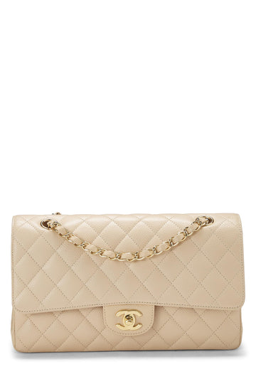 Chanel,  Beige Quilted Caviar Classic Double Flap Medium, Beige