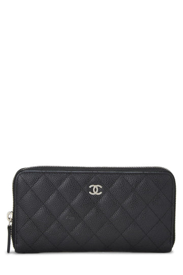 Chanel,  Black Quilted Caviar Zip Around Wallet, Black