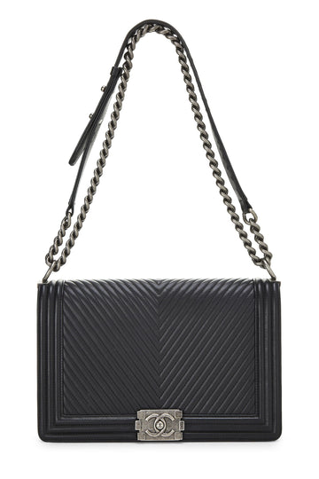 Chanel,  Black Chevron Calfskin Boy Bag Medium, Black