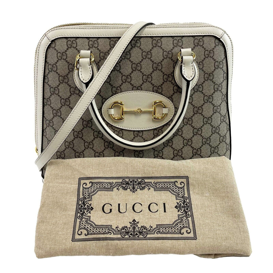 GUCCI GG Supreme 1955 Horsebit Medium Mystic White Top Handle Crossbody